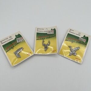 Vintage George G Harris Pewter Pin Lot Rainbow Trout Whitetail Deer Mallard USA